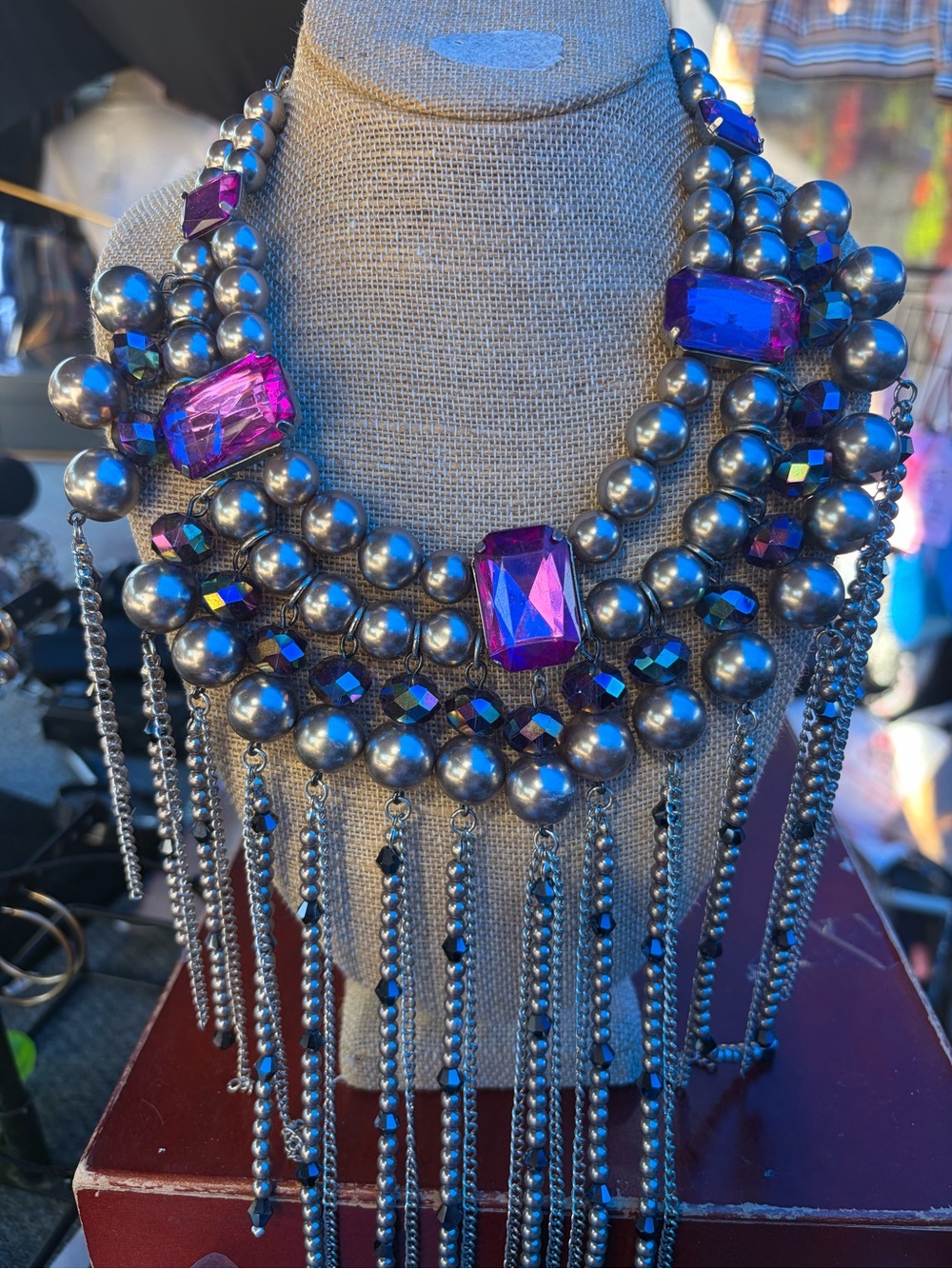 Statement Silver Beaded Necklace with Purple Gem Accents
